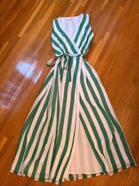 Green and White Striped Wrap Maxi Dress